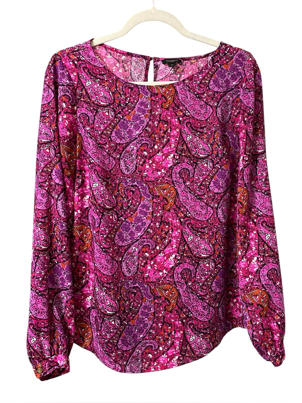 Ann Taylor Pink Purple Bright Colorful Paisley Floral Print Summer Blouse Size 8